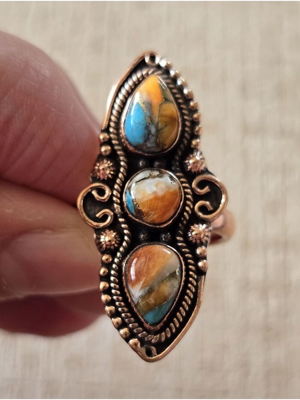 Triple Stone Spiny Turquoise Ring In Copper, Southwestern